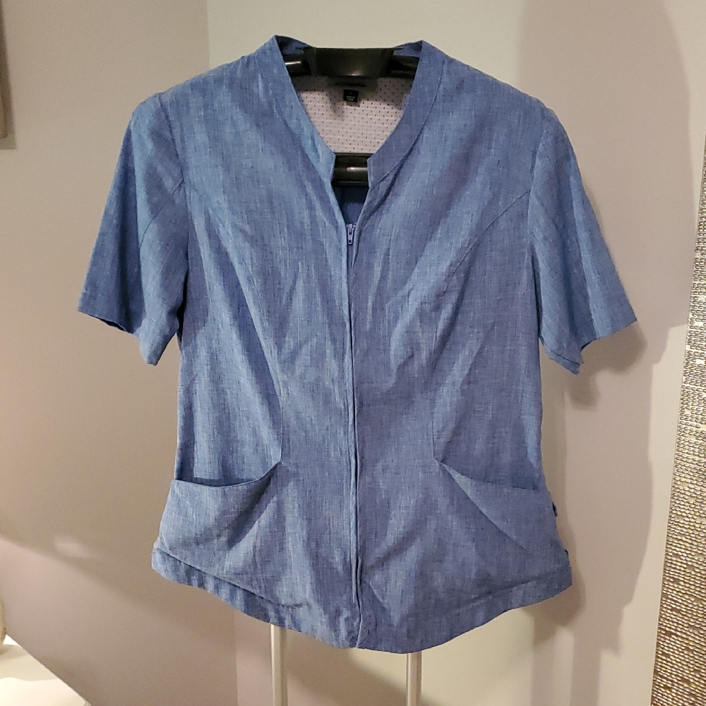 Blue Short Sleeve Zip Up Scrub Top